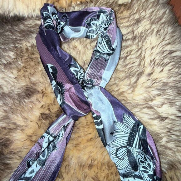 Vintage Oscar de la Renta Silk Oblong Scarf | Purple Black Paisley Stripe | Made - Picture 15 of 16